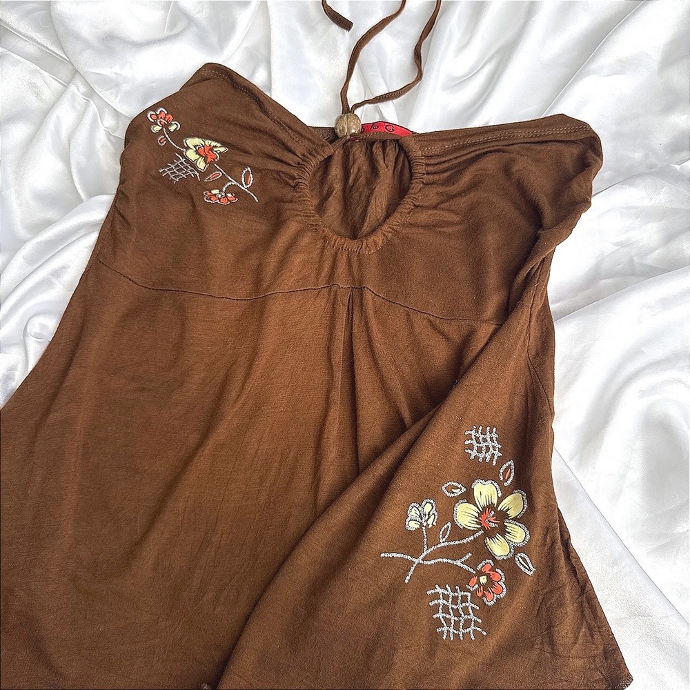 BBG Brown Floral Embroidered Halter Top Keyhole Neck Beaded Boho Y2K XL XXL